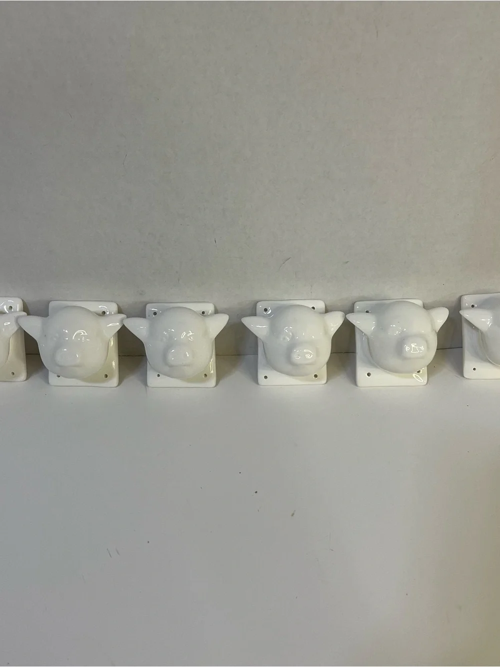 Six White Ceramic  Cute Pig Head Wall Mount Holder/Hook Decorative Home Accent